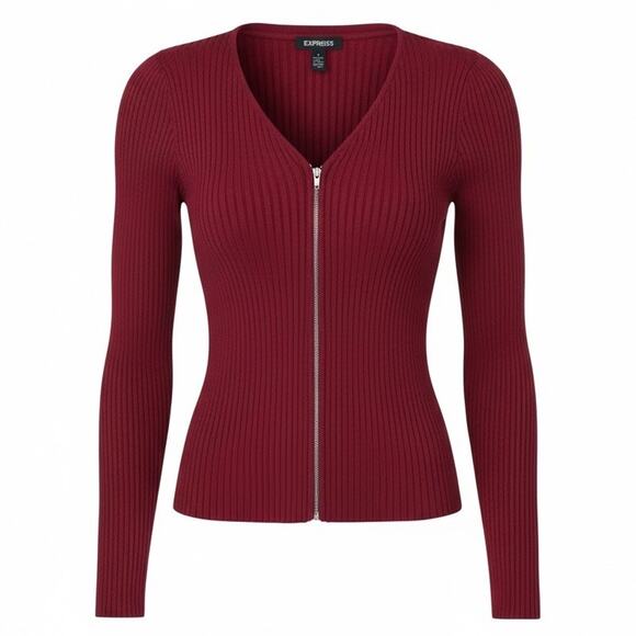 Express Ribbed Zip Front Sweater M Burgundy Stretch Long Sleeve Knit Top - Picture 1 of 13